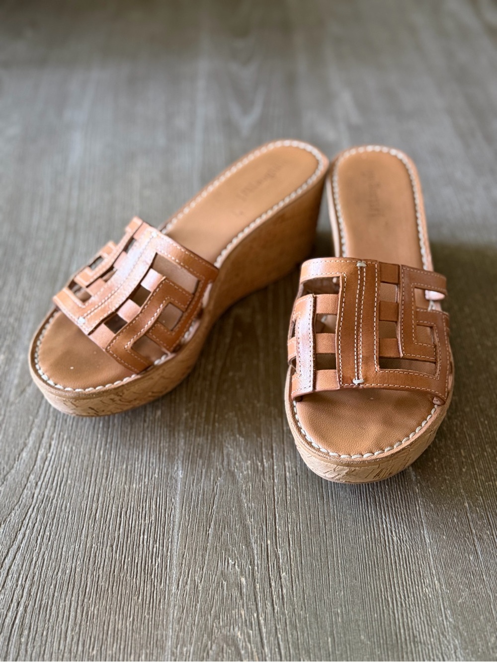 J. McLaughlin Cork Wedge Sandals with Brown Lattice Leather - 8.5